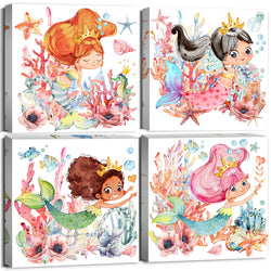 YOOOAHU Mermaid Decor Canvas Wall Art Girls Room Pink Watercolor Paintings Cartoon Sea Ocean Theme Marine Life Prints Decorative Nursery Teen Baby Kids Bathroom Decoration Set 4 Panel 12 × 12 Inch