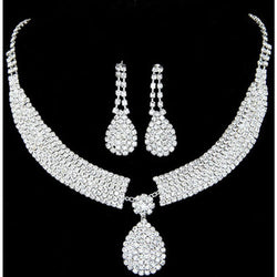 Silver Evening Jewelry Set Glitter Rhinestone Bib Necklace Drop Earrings